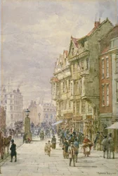 Vista al este a lo largo de Holborn con figuras y vehículos tirados por caballos en la calle, Londres, 1875