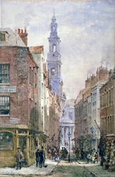 Vista de Drury Court desde Wych Street, Westminster, Londres