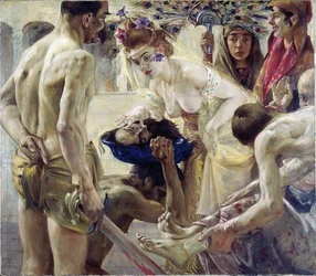 Salomé. La heroína bíblica, en traje de baile, recibe en una bandeja la cabeza de San Juan Bautista, que Herodes le ofrece como recompensa por sus encantos. Pintura de Lovis Corinth (1858-1925), óleo sobre lienzo