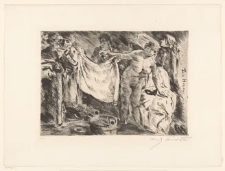 Grupo de mujeres, una desnuda y otra sosteniendo un trapo Die Hexen (título sobre el objeto)