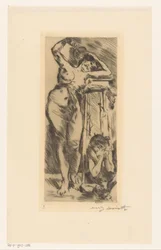 Desnudo femenino con abanico en mano y figura agachada a su derecha