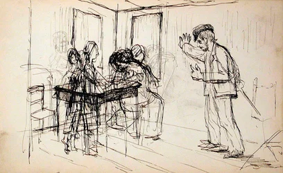 Cabaña de troncos (recto), figuras en un interior (verso)