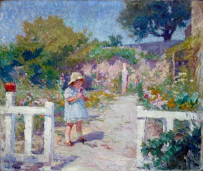 Niña en el jardín. Pintura de Joseph Loys Prat (1879-1934), siglo XX