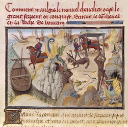 Ms 5072 fol.37v Maugis luchando contra la serpiente y ganando el caballo encantado, Bayard, del ciclo de Renaud de Montauban
