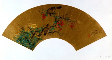 Pájaros, bayas y flores 花鳥折扇