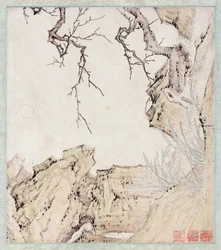 Narciso, ciruelo y paisaje (tinta y color sobre papel)