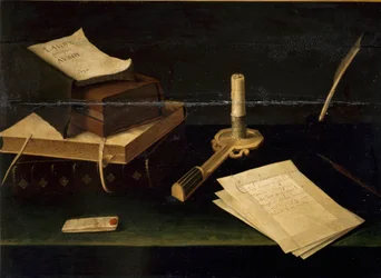 Naturaleza muerta de libros, pluma, carta y vela