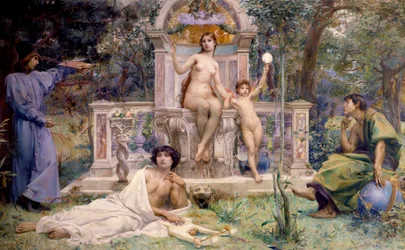 Decoración del Hotel Watel-Dehaynin: la Verdad. Está rodeada de alegorías de astronomía, música y poesía, y pintura. Pintura de Luc Olivier Merson (1846-1920)