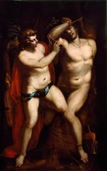 Apolo y Marsias. El sátiro es castigado por haber desafiado a Apolo a la lira y es desollado por él. Pintura de Luca Cambiaso (o Cambiasi, Cangiagio) llamado Lucchetto da Genova) (1527-1585) siglo XVI Colección privada