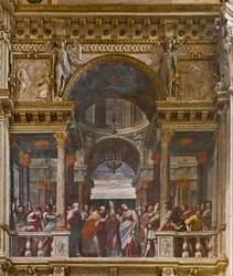 Génova, Duomo (Catedral de San Lorenzo), interior, Capilla Lercari o Capilla del Santísimo Sacramento (ábside norte), lado sur: "Los desposorios de la Virgen", fresco de Luca Cambiaso
