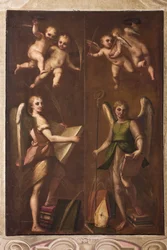 Génova, Duomo (Catedral de San Lorenzo), sacristía, capilla: "Ángeles con insignias episcopales, libros y palmas", de Luca Cambiaso, hacia 1580