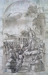 San Juan Bautista predicando, por Luca Cambiaso, dibujo en pluma y gouache, Italia