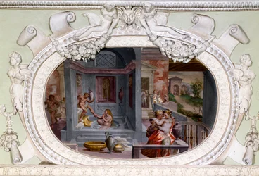 Escenas de baño, seducción. Fresco de Luca Cambiaso (1527-1585)