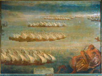 La batalla naval de Lepanto en 1571, en la que la Flota Imperial al mando de Don Juan de Austria y el Dux de Venecia