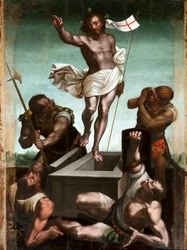 La resurrección Jesús sostiene un bastón con una cruz en el extremo del cual ondea una bandera blanca (estandarte) con una cruz roja