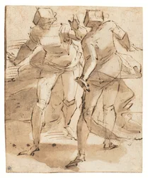 Dos figuras animadas gesticulando (pluma y tinta, tiza y aguada sobre papel)