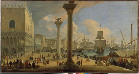 El Molo y el Palacio Ducal (Venecia, Italia) - Pintura de Luca Carlevaris (1663-1730), óleo sobre lienzo, hacia 1710, 64x121 cm - El Molo con el Palacio Ducal, Óleo sobre lienzo de Luca Carlevaris - State Hermitage, St -Petersburgo