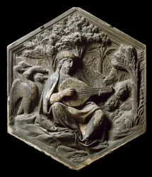 Alegoría de la música como Orfeo. Los animales del bosque escuchan a Orfeo tocando el laúd. Alto relieve por Luca della Robbia