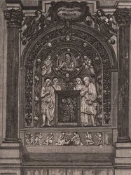 Altar de la iglesia de Santa Maria delle Grazie, por Luca della Robbia, Montepulciano, Toscana, Italia, xilografía de Le cento città d