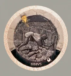 Junio: un campesino cosechando el trigo. Terracota de Luca della Robbia
