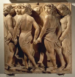 Laudate Eum in choro (Salmo 150, Laudate Dominum), panel con niños cantando y bailando en círculo