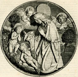 Madonna en adoración del Niño con el Infante San Juan Bautista y querubines, por Luca della Robbia (1399/1400-1482), Prato, Toscana, Italia