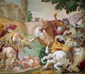 Vida de Antenor, detalle del ciclo de frescos de Luca Ferrari, salón central de Villa Selvatico, Battaglia Terme, Véneto, Italia