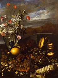 Bodegón con frutos secos, flores y paisaje, de Luca Forte (1610-1670)