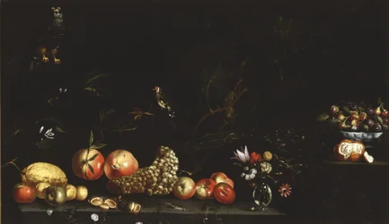 Naturaleza muerta con frutas, flores, un halcón y un jilguero, 1620-30