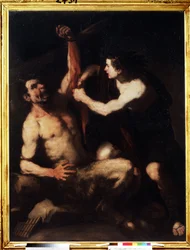 "Apolo y Marsias" Apolo, después de haber ganado el desafío contra Marsias, lo hace desollar y luego lo arroja a una cueva. Pintura de Luca Giordano (1632-1705) 1650 aprox. El manierismo. Museo Pushkin, Moscú