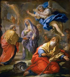 Joachim recibiendo la promesa y encuentro de los santos Joachim y Ana en la Puerta Dorada por Luca Giordano, ca. 1696