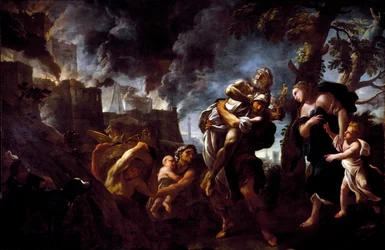 Eneas huyendo de Troya. Eneas, llevando a Anquises, huyó de la ciudad caída en manos de los aqueos. 1675-1680. Génova, Galleria Nazionale di Palazzo Spinola