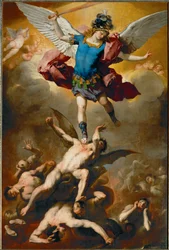 El Arcángel Miguel arroja a los ángeles rebeldes al abismo (pintura sobre lienzo)