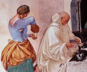 Benedicto dijo a los monjes dónde y cuándo comieron fuera del monasterio (detalle)