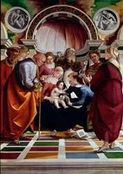 Circuncisión. Entre los personajes representados: San José (con un bastón), la Virgen María, Jesucristo y San Simeón (levantando las manos al cielo). Pintura de Luca Signorelli (ca. 1445-1523) 1491 aprox. Londres, National gallery