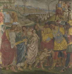 Coriolano persuadido por su familia para perdonar Roma, frescos del Palazzo del Magnifico, Siena, 1509