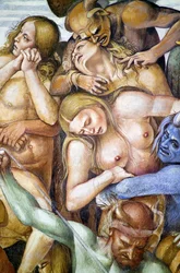 Condenados en el infierno, detalle con autorretrato de Luca Signorelli en forma de demonio azul, del ciclo de frescos del Juicio Final