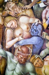 Condenados en el infierno, detalle con autorretrato de Luca Signorelli en forma de demonio azul, del ciclo de frescos del Juicio Final