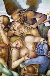 Condenados en el infierno, detalle con autorretrato de Luca Signorelli en forma de demonio azul, del ciclo de frescos del Juicio Final