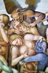Condenados en el infierno, detalle con autorretrato de Luca Signorelli bajo la apariencia de un demonio azul, del ciclo de frescos del Juicio Final