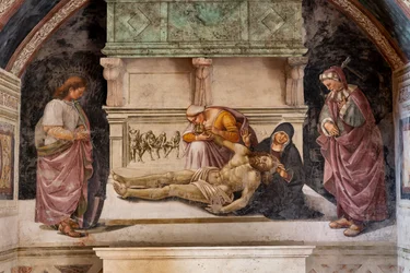 Lamentación del Cristo Muerto entre los dos santos de Orvieto (S. Parenzo a la derecha y S. Faustino a la izquierda)