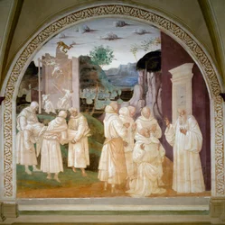 Vida de San Benito: San Benito resucita a un monje trabajador en el sitio de construcción del Monasterio de Monte Cassino después del colapso de una pared debido a un demonio. Fresco de Luca Signorelli (ca. 1445-1523)