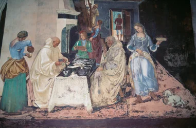 San Benito reprendiendo a dos monjes que han violado la regla, escena de las historias de San Benito de Monte Oliveto Maggiore