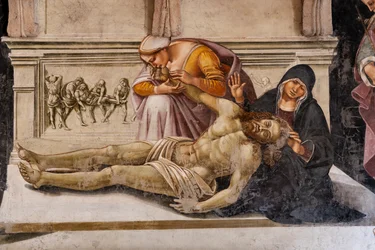 El interior, Capilla Nova o Capilla de San Brizio, Capilla de los Cuerpos Santos: "Lamentación de Cristo muerto" entre los dos santos de Orvieto (S. Parenzo a la derecha y S. Faustino a la izquierda), de Luca Signorelli