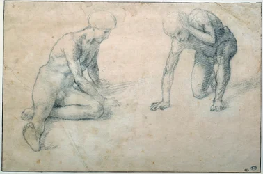 Dos hombres desnudos en cuclillas