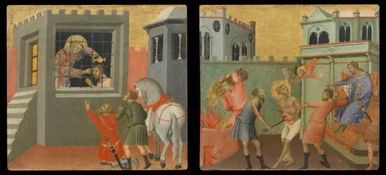 Panel Predella: El santo diácono bautiza a un neófito de la cárcel, El santo diácono martirizado en presencia de un magistrado romano (pintura sobre madera)