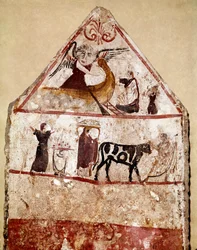 Un toro es conducido al altar del sacrificio. Fresco lucano del siglo IV a. C., procedente de la necrópolis de Andriuolo en Paestum, Italia. Museo Nazionale Archeologico, Paestum