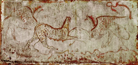 Lucha entre una pantera y un grifo. Fresco lucano del siglo IV a. C., procedente de la tumba del Jinete, necrópolis de Paestum, Italia. Museo Nazionale Archeologico, Paestum