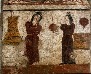 Un grupo de bailarines durante un rito funerario Fresco lucano del siglo IV a.C., de la necrópolis de Paestum, Italia. Museo nacional arqueológico, Paestum