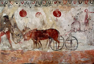 Un cuidador de rebaños y dos asnos. Fresco lucano del siglo IV a. C., procedente de la necrópolis de Paestum, Italia. Museo Nazionale Archeologico, Paestum